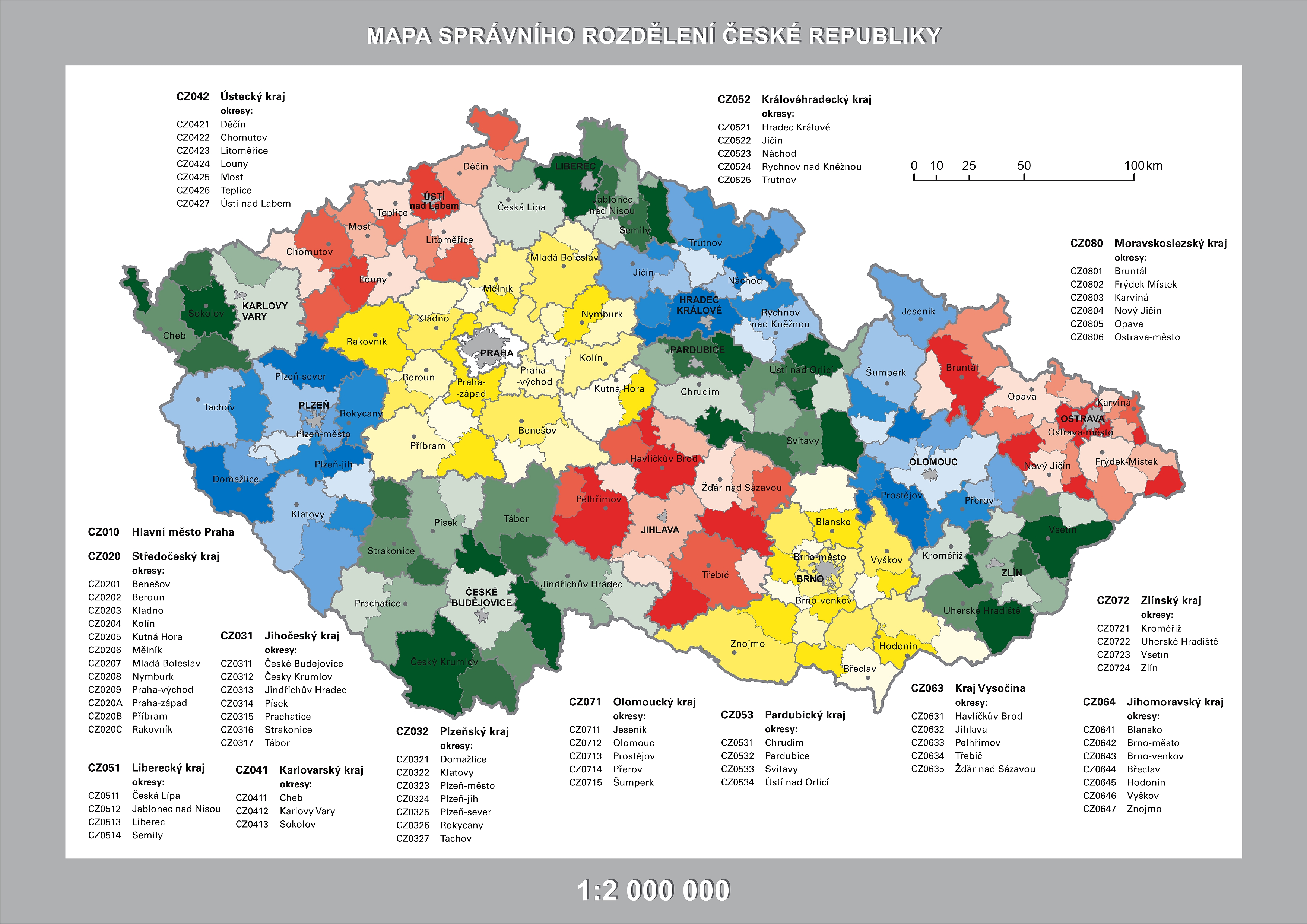 Mapa správního rozdělení ČR 1 : 2 000 000